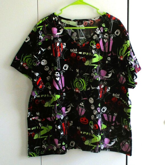 Disney Tim Burtons Nightmare Before Christmas Halloween Scrub Top 3XL Black Mult - Picture 4 of 6